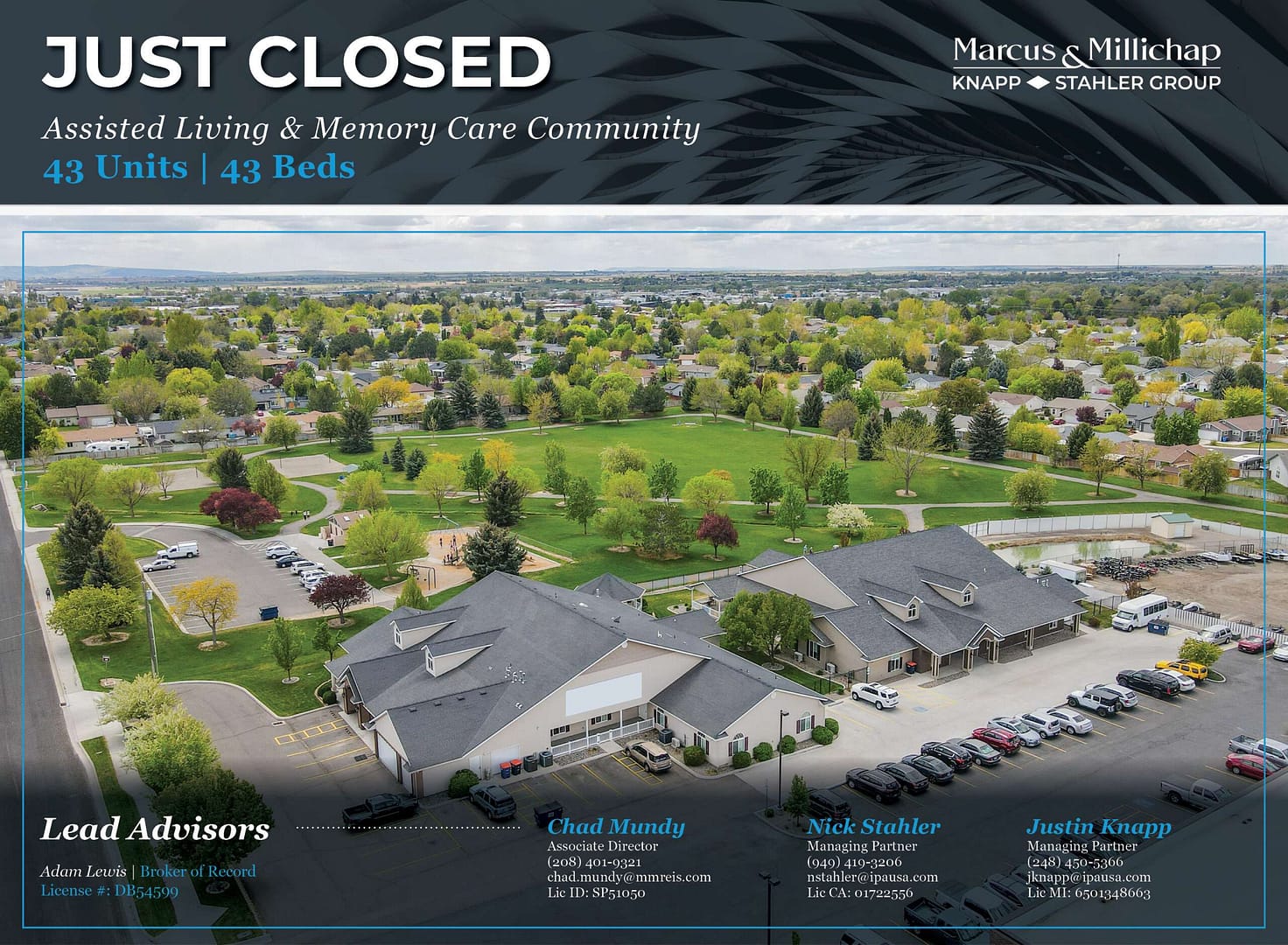 Closing post with aerial view of building. 43 Unit, 43 bed assisted living and memory care community