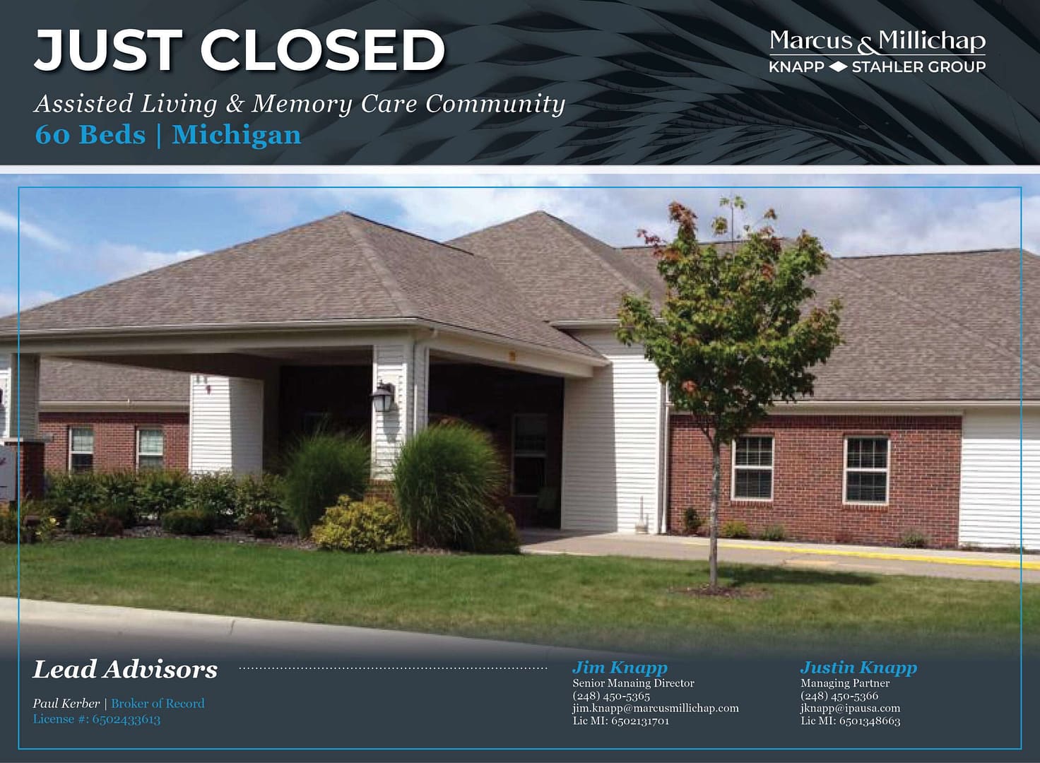 Front of 60-Bed AL Community in Michigan. One story building in the sun.
